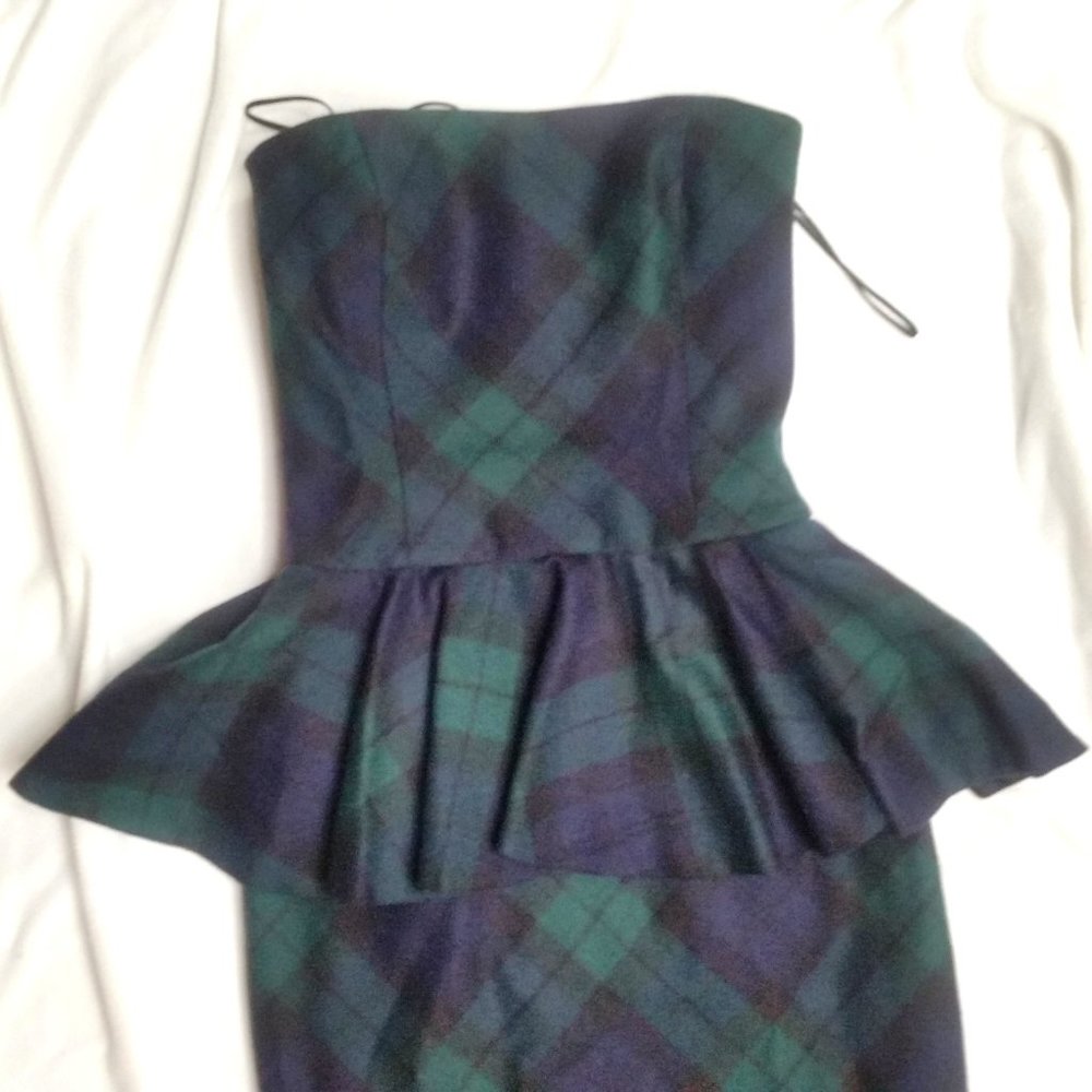 Ralph Lauren Plaid Dress Blue Green Wool Strapless - Picture 7 of 9